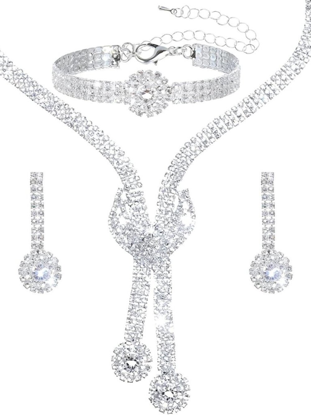 Silver Rhinestone Jewelry Set for Women - Rhinestone Necklace Crystal Dangle